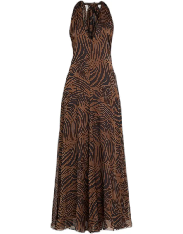 Zebra-print Silk Halter Maxi Dress