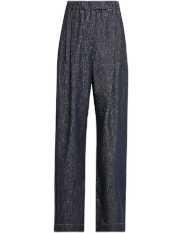 Sparkling Denim Pleated Straight-leg Trousers