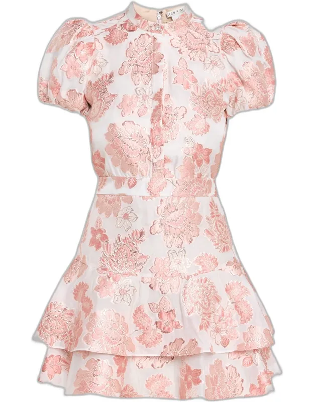 Metallic Floral Puff-sleeve Mini Dress