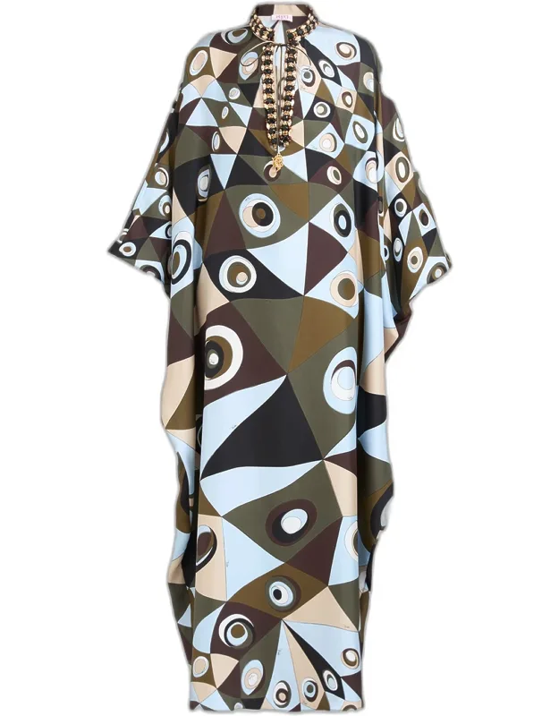 Silk Crepe De Chine Embellished Maxi Caftan Dress