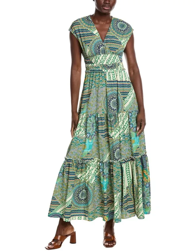 Printed V Neck Cap Sleeve Tiered Maxi Dress
