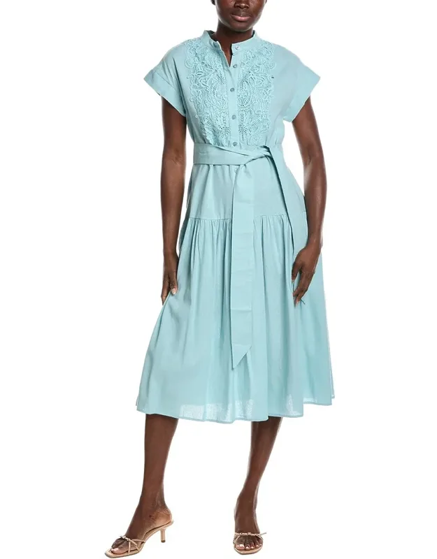 Embroidered Lace Bib Linen-blend Midi Dress