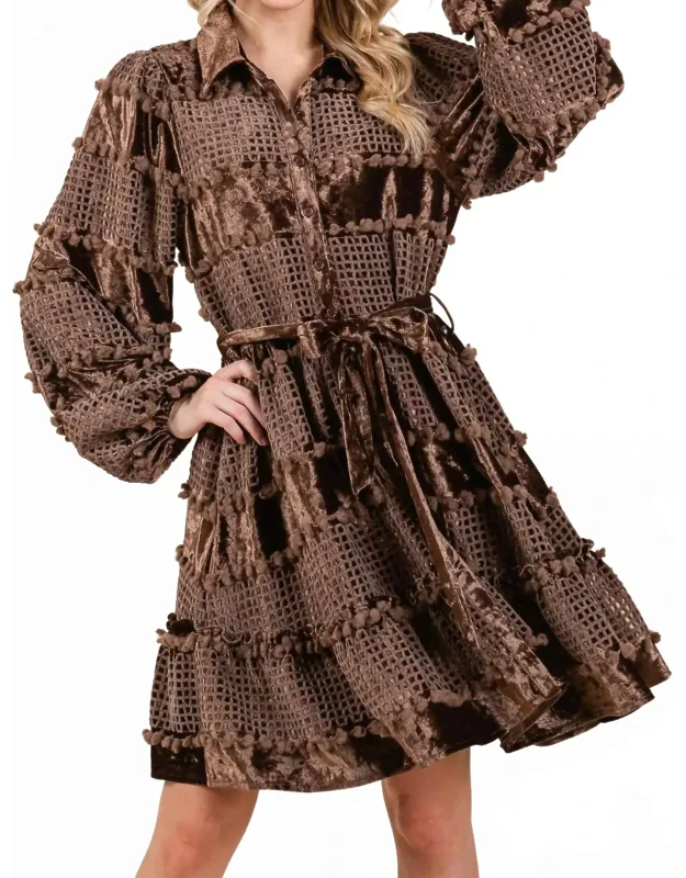 Velvet Grid Pom-pom Dress
