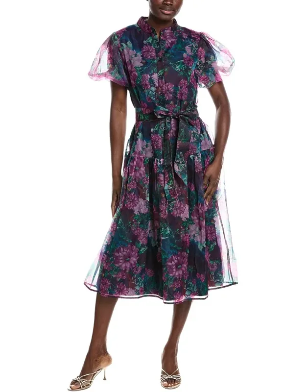 Puff Sleeve Band Collar Organza Midi Dress