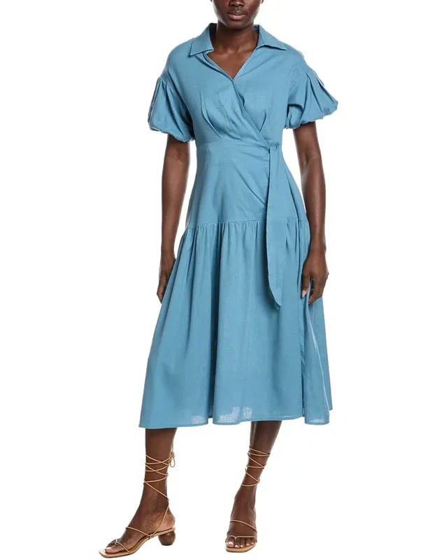 Side Waist Belt Linen-blend Midi Wrap Dress