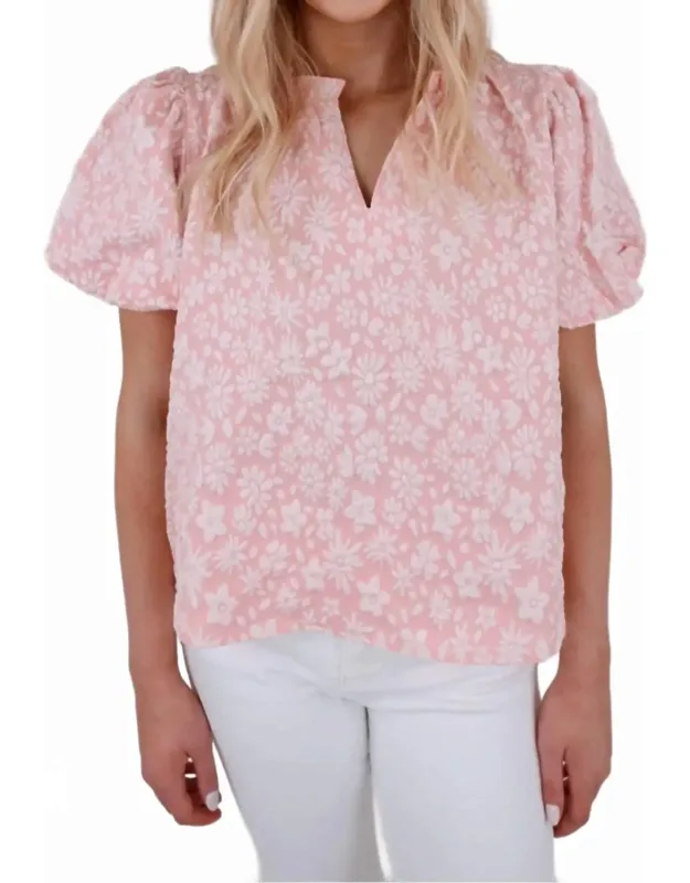 Textured Floral Ruffle Neck Top