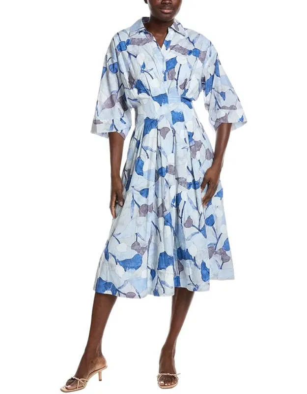 Dolman Sleeve Pleated Printed Midi Dress