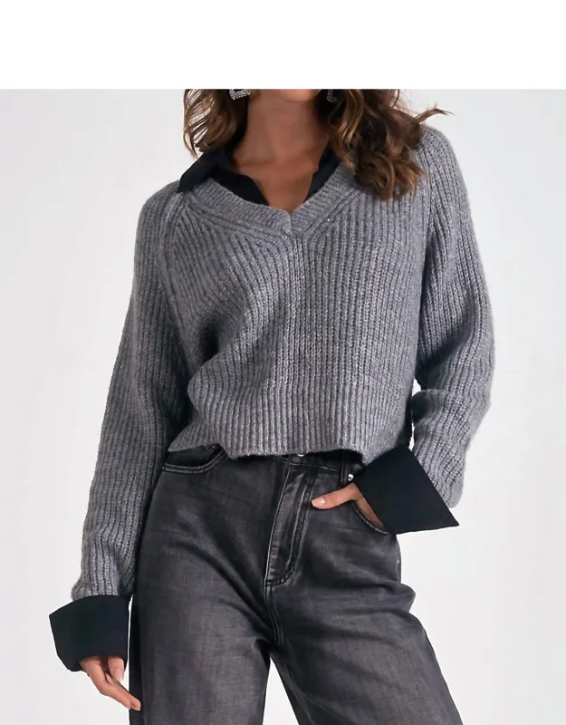 V-neck Attached Collar Sweater