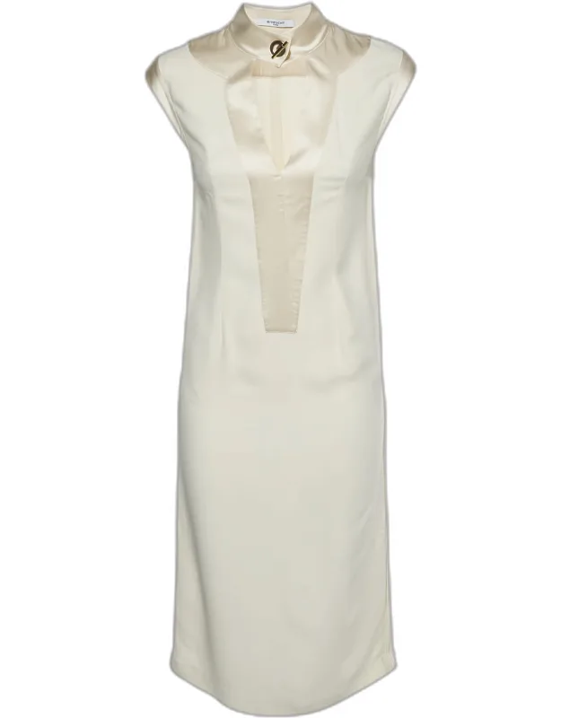 Cream Satin Trim Crepe Sleeveless Midi Dress