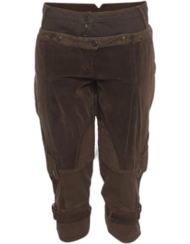 Vintage Brown Checked Velvet And Cotton Capri Pants