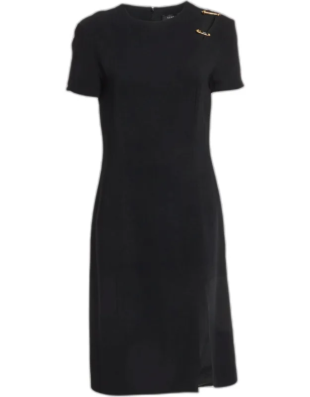 Stretch Crepe Logo Safety Pin Detail Midi Dress
