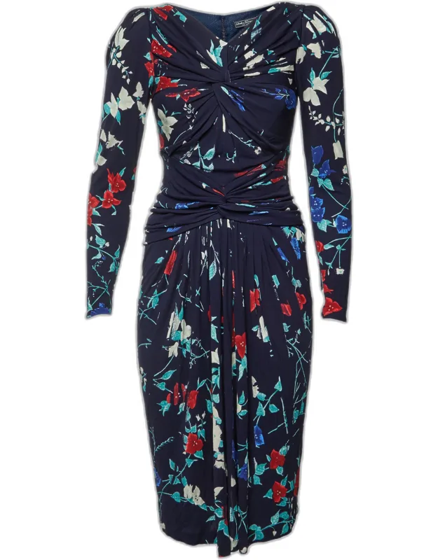 Floral Print Crepe Ruched Midi Dress