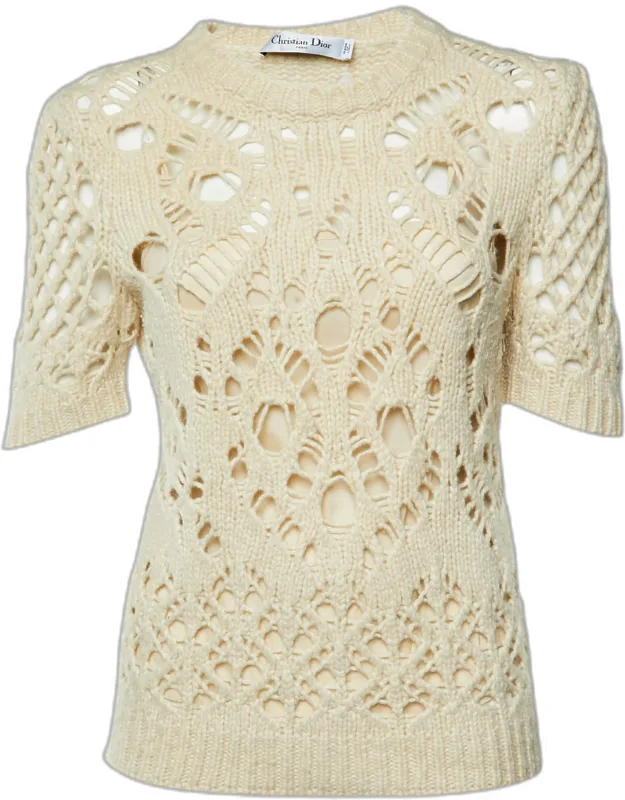 Cream Wool Open Knit Crew Neck Sweater