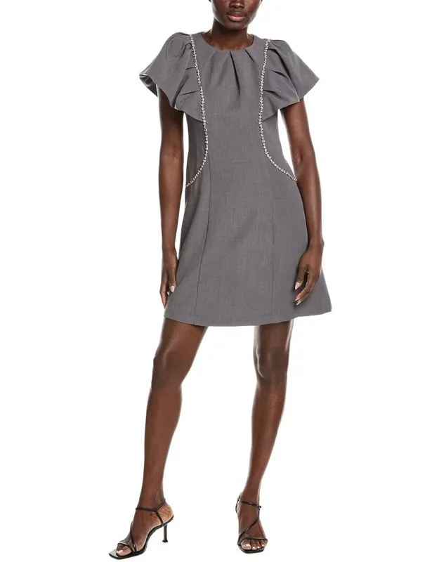 Gathered Neck Stone Work Ruffle Sleeve Sheath Dress