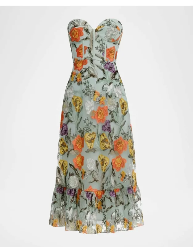 Floral Embroidered Strapless Bustier Midi Dress