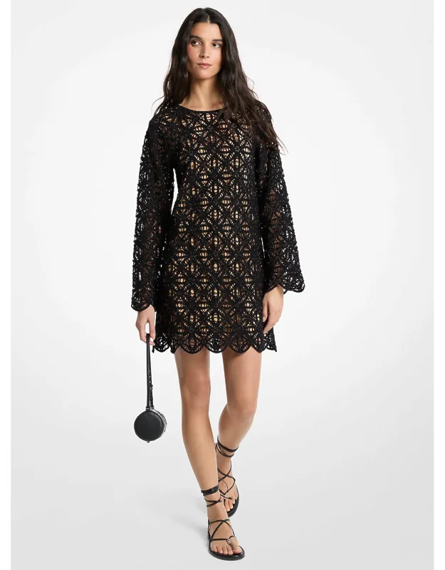 Beaded Floral Crochet Mini Dress