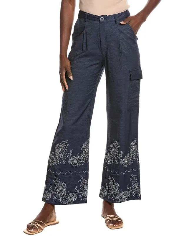 Embroidery Hem Wide Leg Cargo Pants