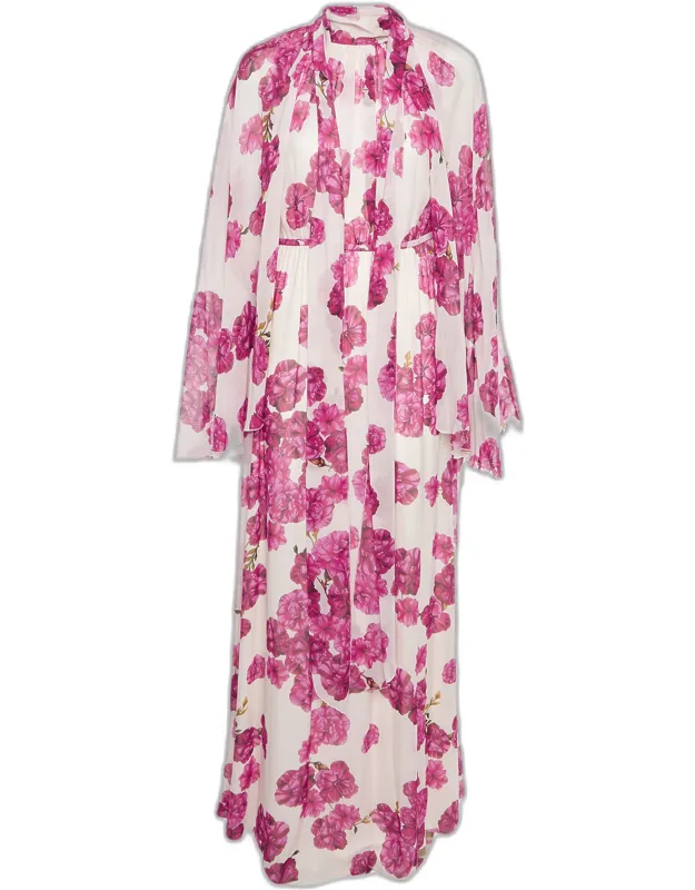 Rose Peony Print Silk Chiffon Midi Dress