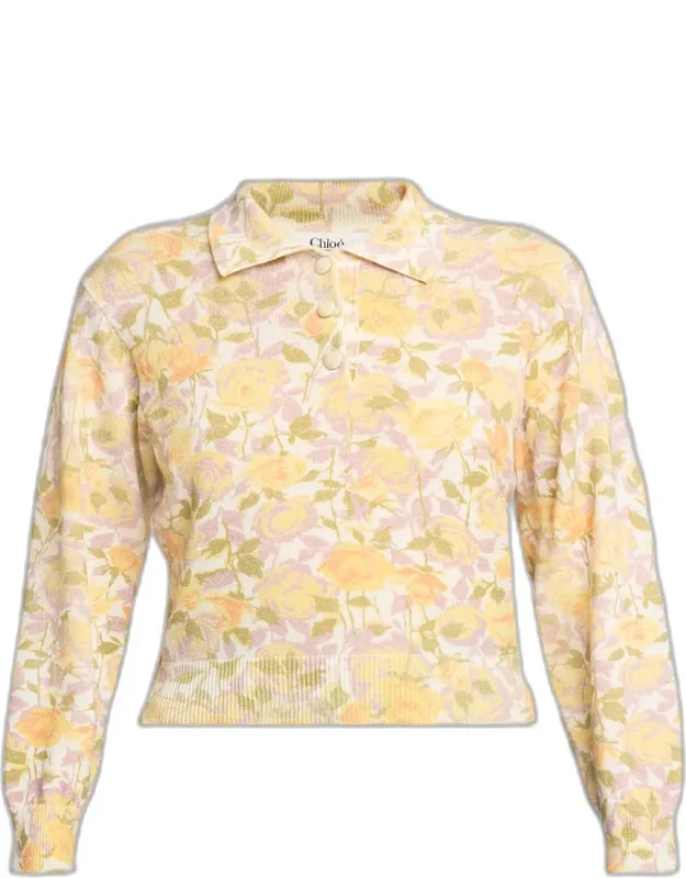 Floral-print Wool Knit Polo Sweater