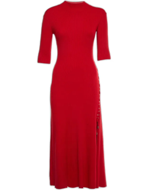 Rib Knit Lace Detail Midi Dress