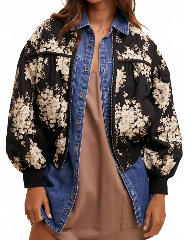 Floral Print Pleated Bomber Jacket