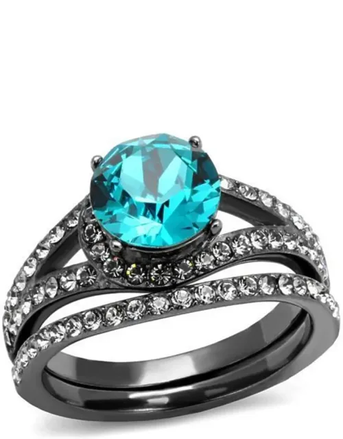 Light Stainless Steel Ring With Top Grade Crystal In Blue Zircon