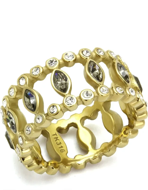 Gold Stainless Steel Ring With Top Grade Crystal In Black Diamond