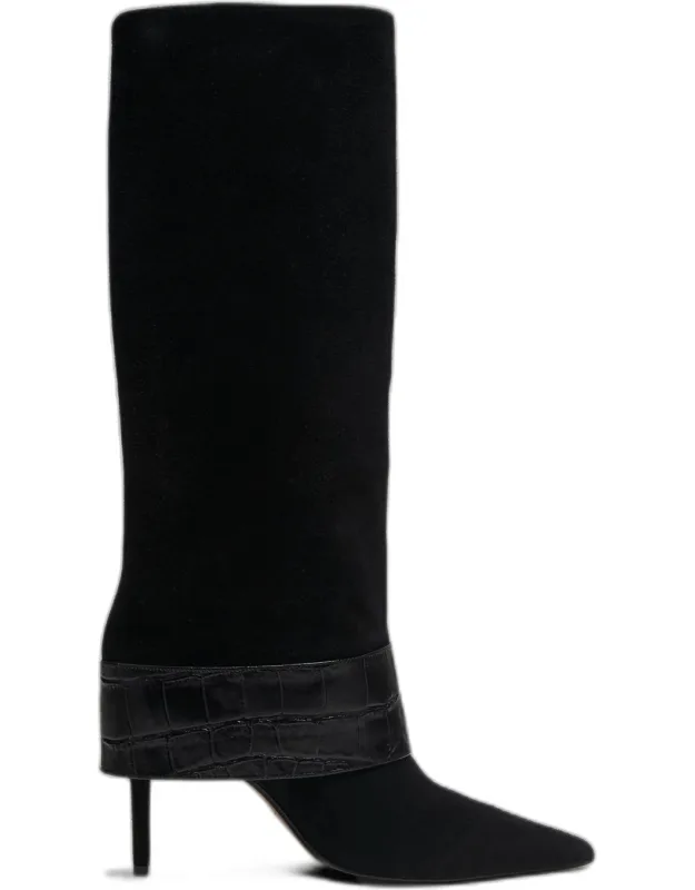 Beatrix Suede Knee-high Boots With Croc-embossed Leather Buckle
