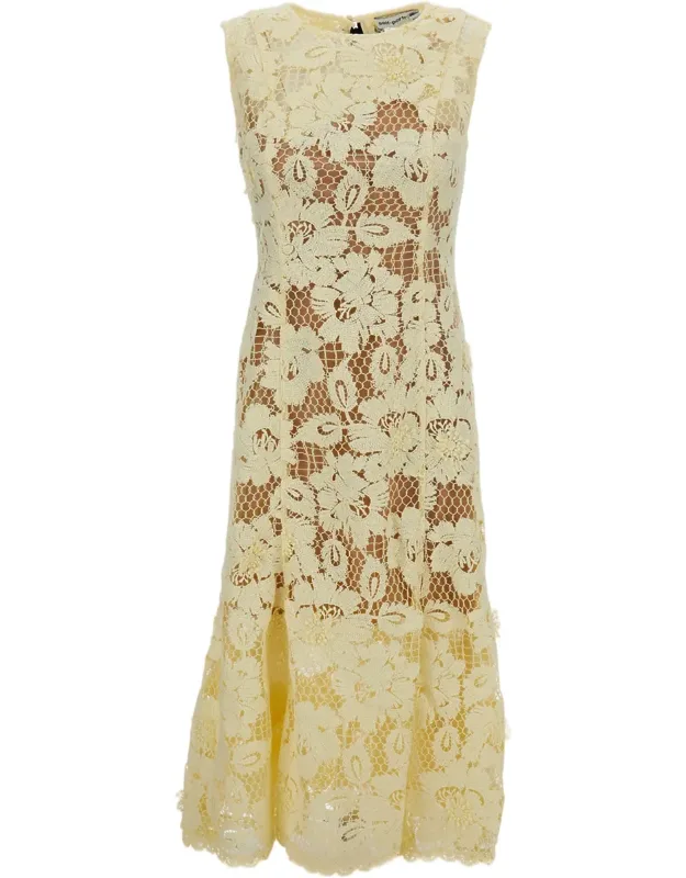 Crochet Lace Midi Dress With Fitted Bodice And Scalloped Hem