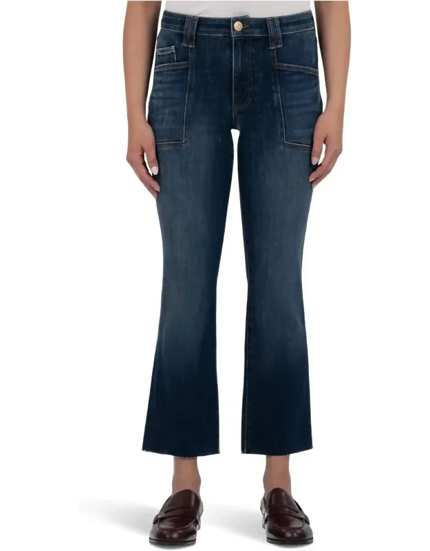 High Rise Flare Jeans With Front Pockets And Inset Raw Hem