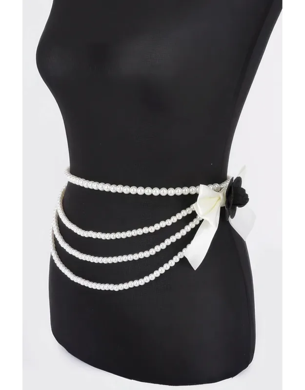 Layered Faux Pearl Flower Ribbon Belt
