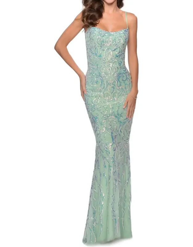 Floral Iridescent Sequin Prom Dress