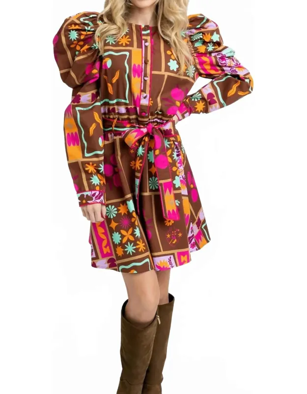 Floral Frame Puff-sleeve Mini Shirt Dress