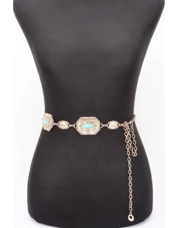 Western Style Chain Belt With Turquoise Accent
