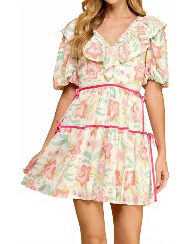 V-neck Puff Sleeve Floral Dress