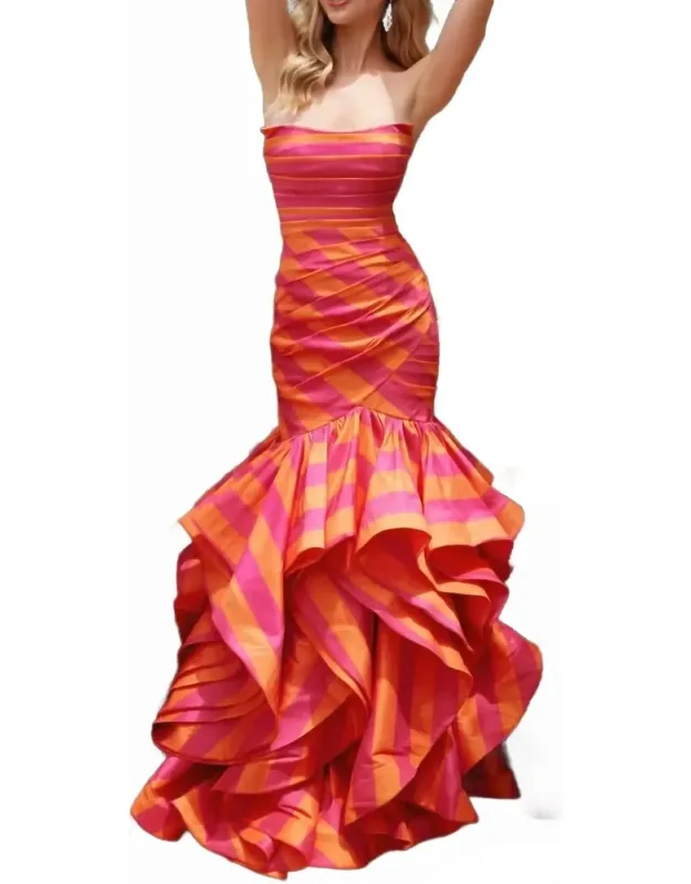 Striped Ruffle Mermaid Prom Dress