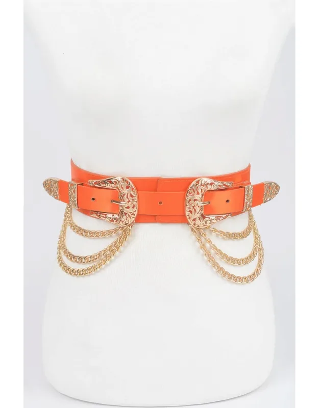 Vegan Elastic Belt With Metal Chain And Buckle