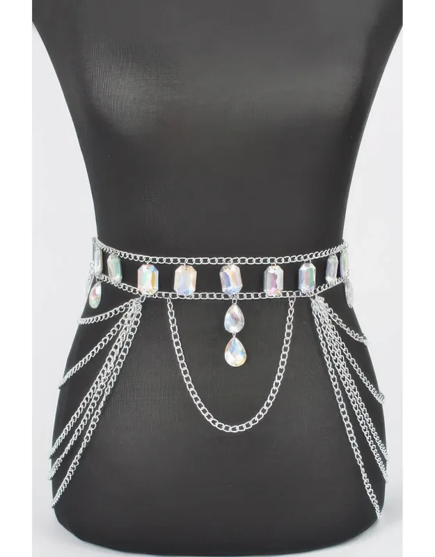Metal Layered Chain Belt With Acrylic Stone