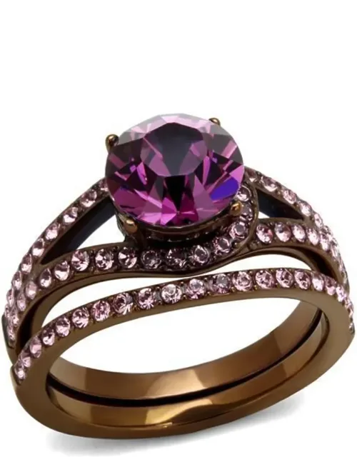 Coffee Light Stainless Steel Ring With Top Grade Crystal In Amethyst