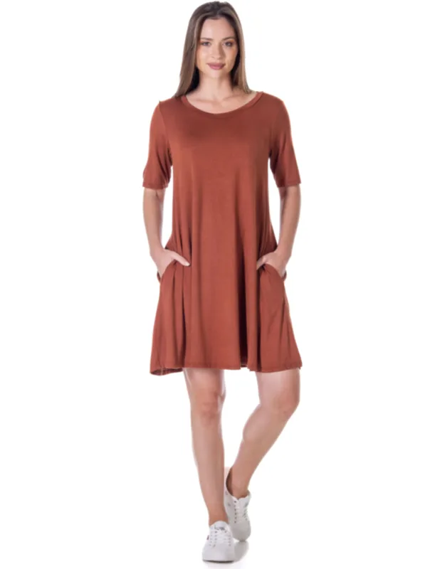 Round Neck Knee Length Soft Flare T Shirt Pocket Dress
