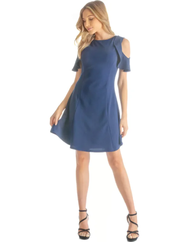 High Round Neck Ruffle Cold Shoulder Sleeve A Line Mini Dress
