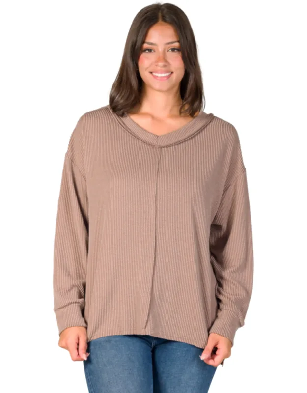 Relaxed Fit Ribbed Knit V Neck Sweater Top With Dropped Shoulders And Side Slits