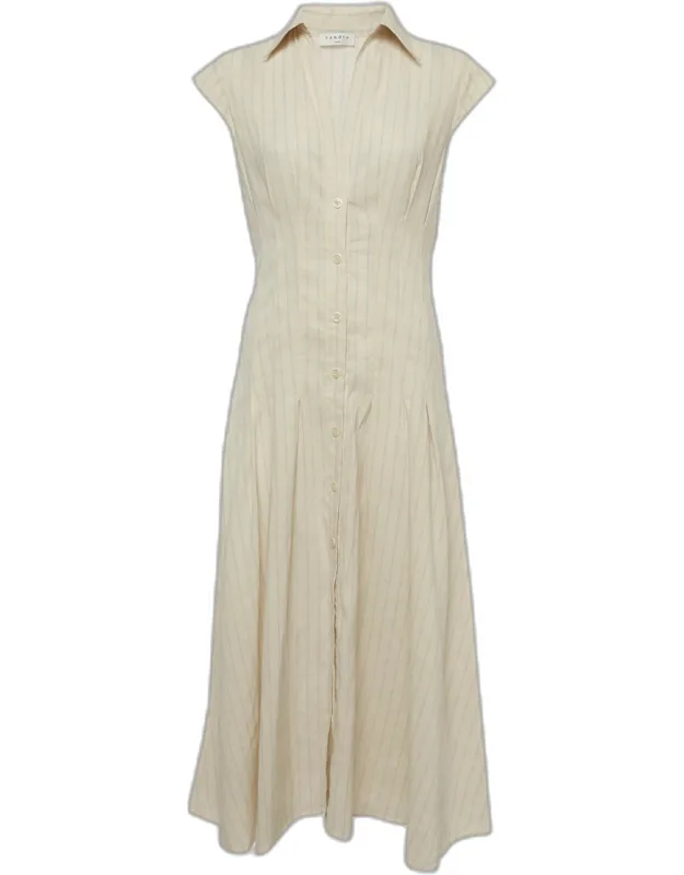 Cream Striped Linen Pleated Midi Dress
