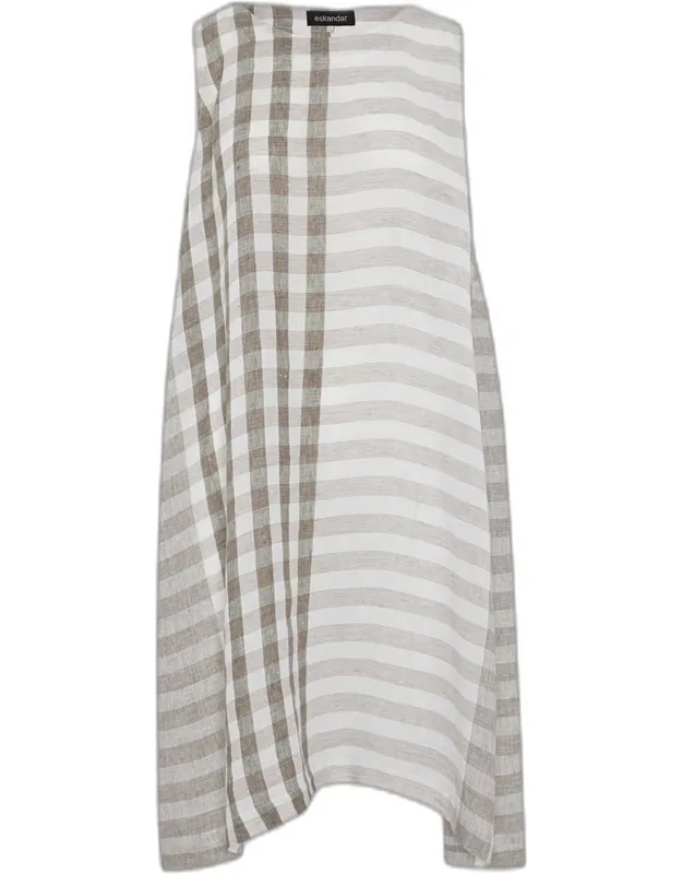 Linen 3/4-length Side Pleated Sleeveless Dress