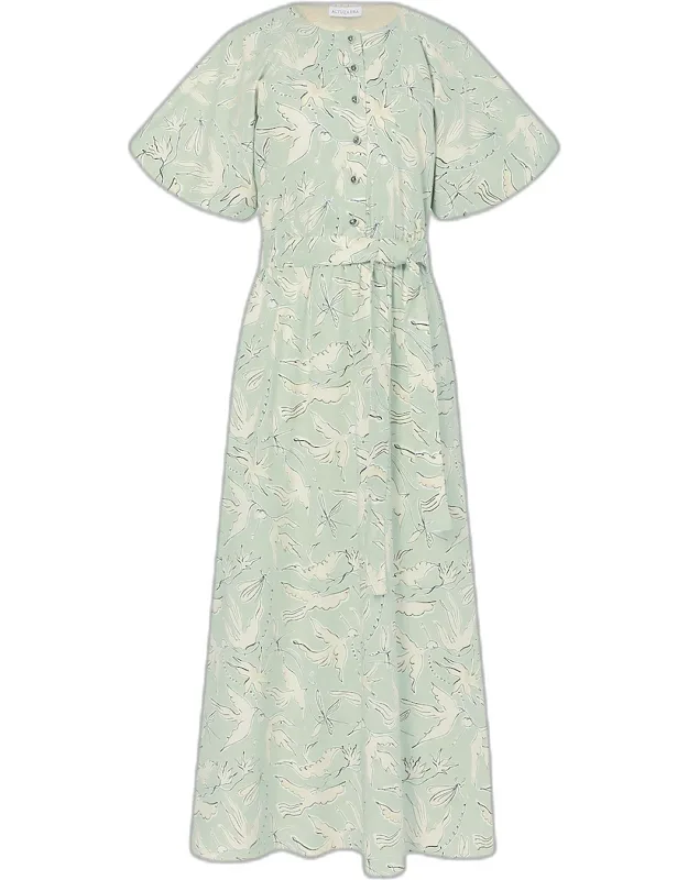 Dove-print Cotton Puff-sleeve Belted Midi Dress