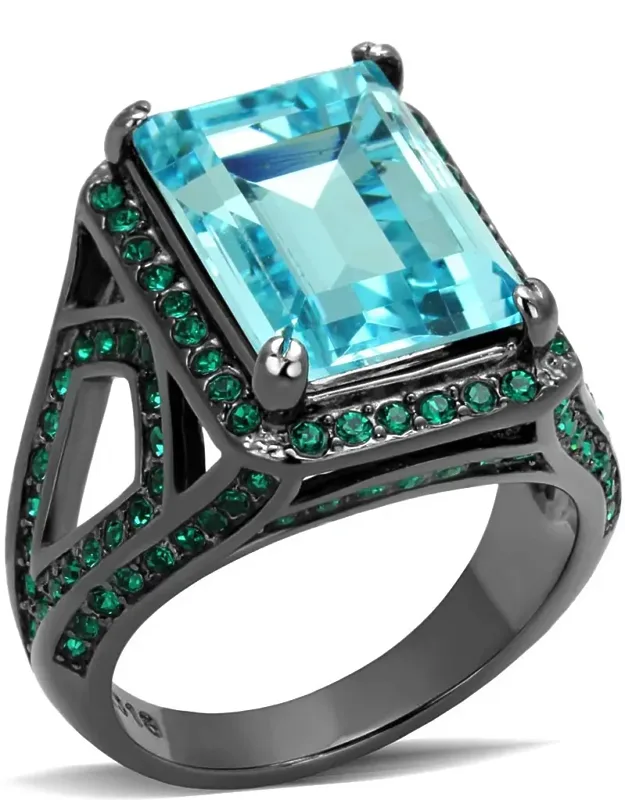 Light Stainless Steel Ring With Top Grade Crystal In Sea Blue