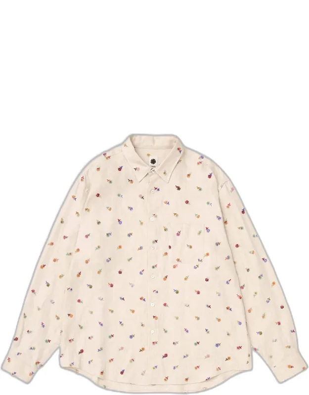 Linen Blend Floral Embroidered Button-down Shirt