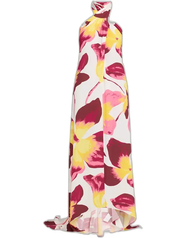 Backless Floral-print Halter Maxi Dress