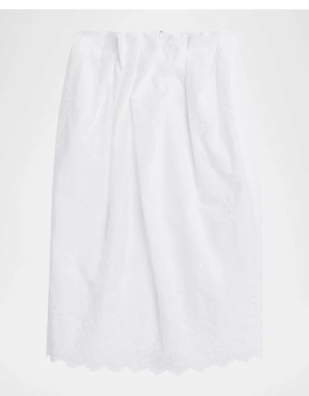 Pleated Waist Eyelet Embroidered Midi Pencil Skirt