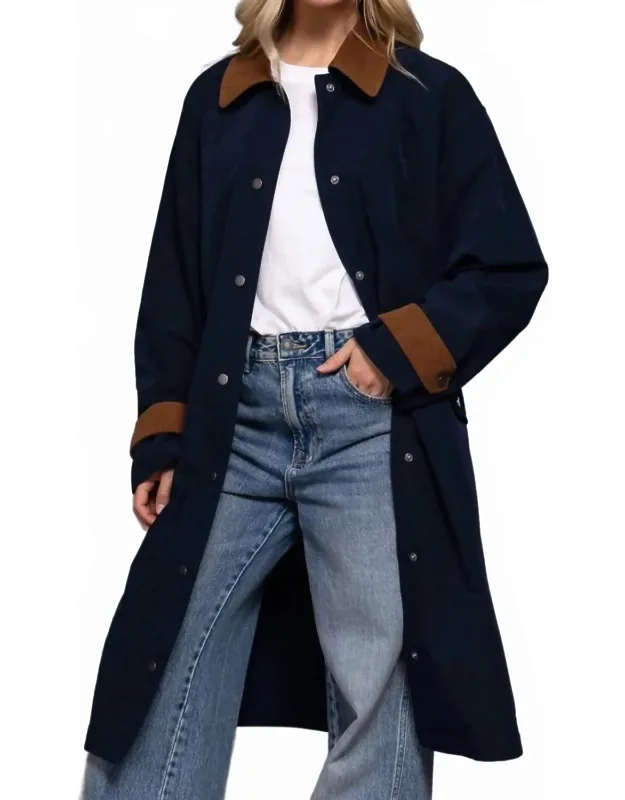 Long Sleeve Contrast Collar Button Down Trench Coat